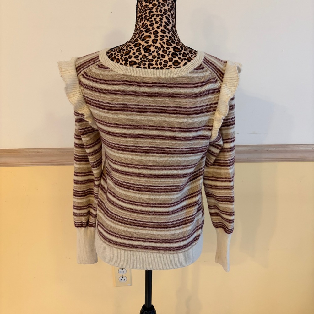 Joie XS Wool Cashmere Striped V-Neck Ruffle Shoulder Sweater B63-K2480D Metallic - Picture 2 of 4